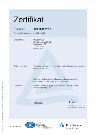 Zertifikat ISO 9001:2015 Powertronic Deutsch