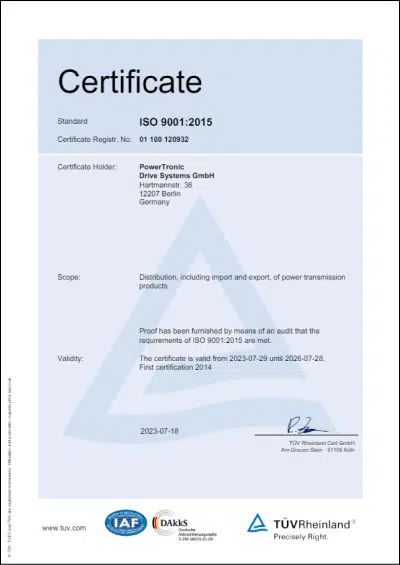 Zertifikat ISO 9001:2015 Powertronic Englisch