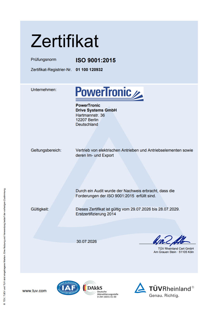 ISO 9001:2015-Zertifikat für die PowerTronic Drive Systems GmbH, gültig vom 29. Juli 2016 bis zum 28. Juli 2026, ausgestellt vom TÜV Rheinland für den Vertrieb von elektrischen Antrieben und Systemen.