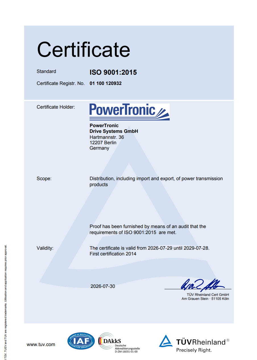 ISO 9001:2015 certificate for PowerTronic Drive Systems GmbH, valid from July 29, 2016, to July 28, 2026, issued by TÜV Rheinland for the distribution of electric drives and systems.